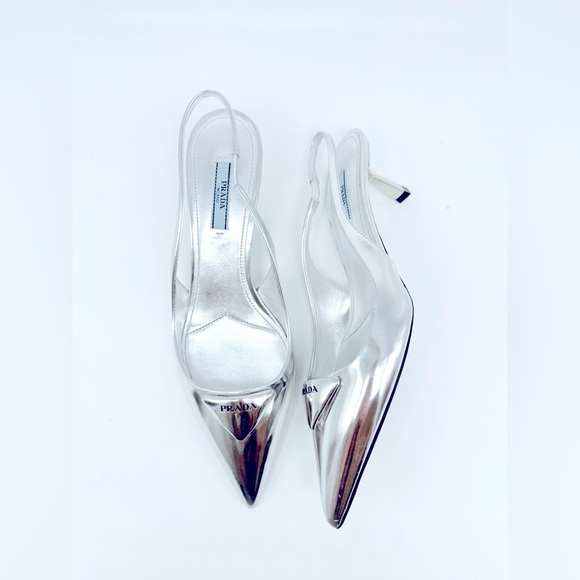 Prada Silver leather Spazzolato Triangle Logo 45mm Slingback Pumps Argento EU 39 - Picture 1 of 9